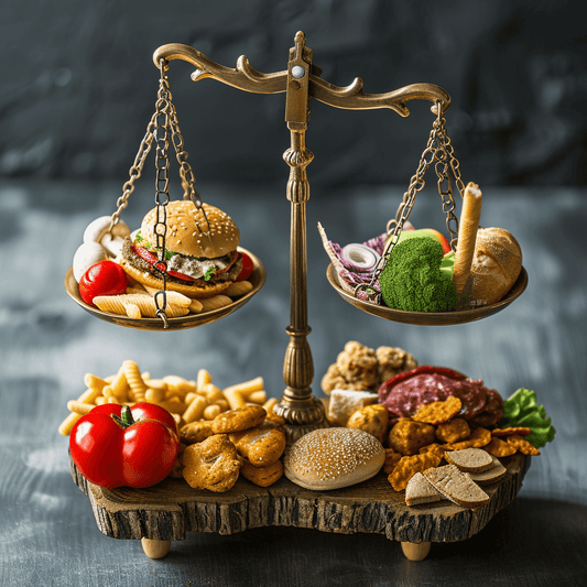 balance avec aliments sains et fast food
