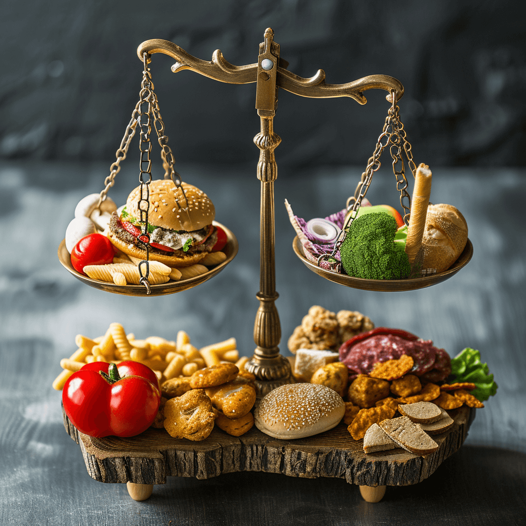 balance avec aliments sains et fast food