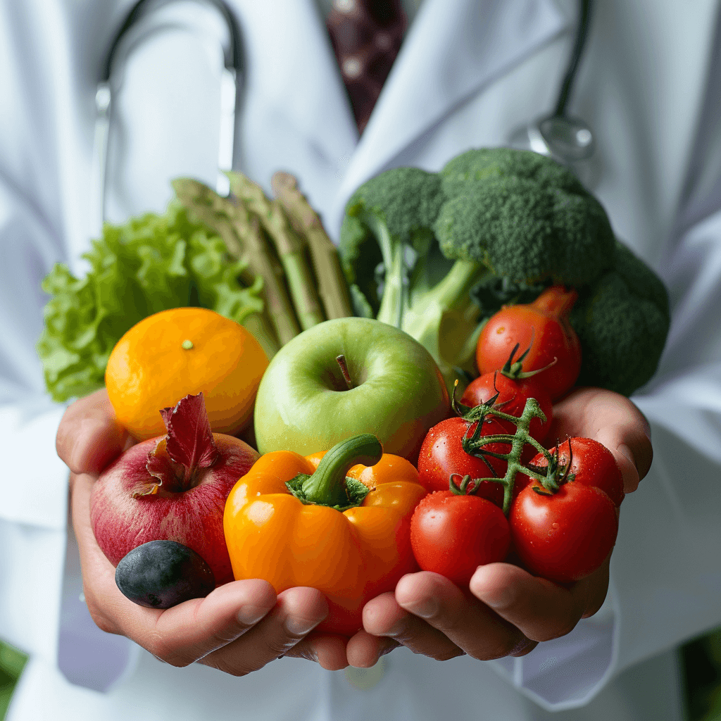 doctor wearing white blouse holding vegetables and fruits