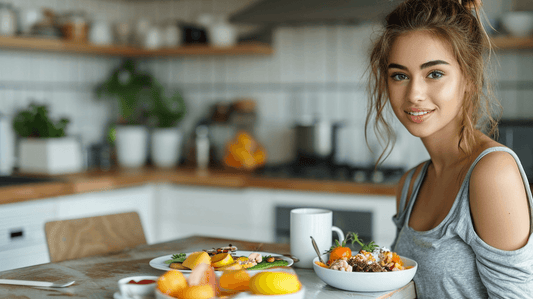 femme assise dans la cuisine prête à manger petit dejeuner sain