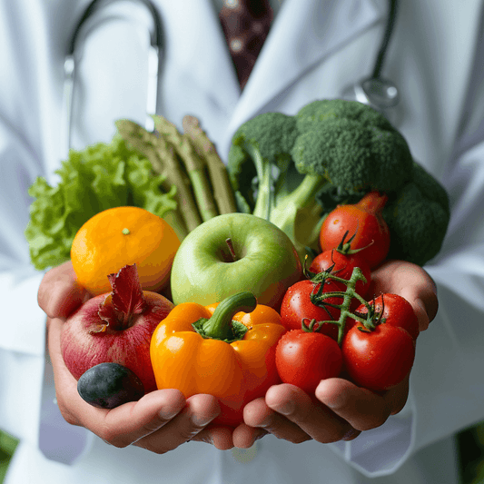 doctor wearing white blouse holding vegetables and fruits