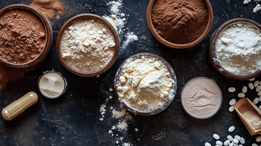 poudres similaire à de l'iso whey renversées sur une table et dans des pots