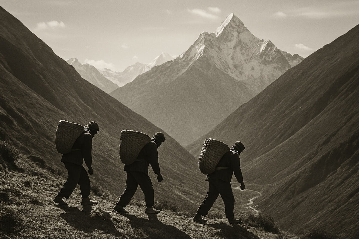 image de sherpa qui marche sur l'himalaya ancetre