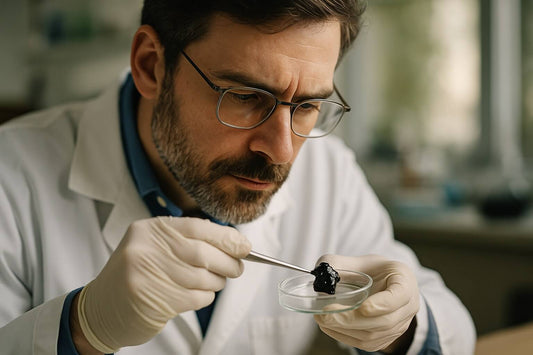 image d'une résine de shilajit tenu par un scientifique qui l'analyse