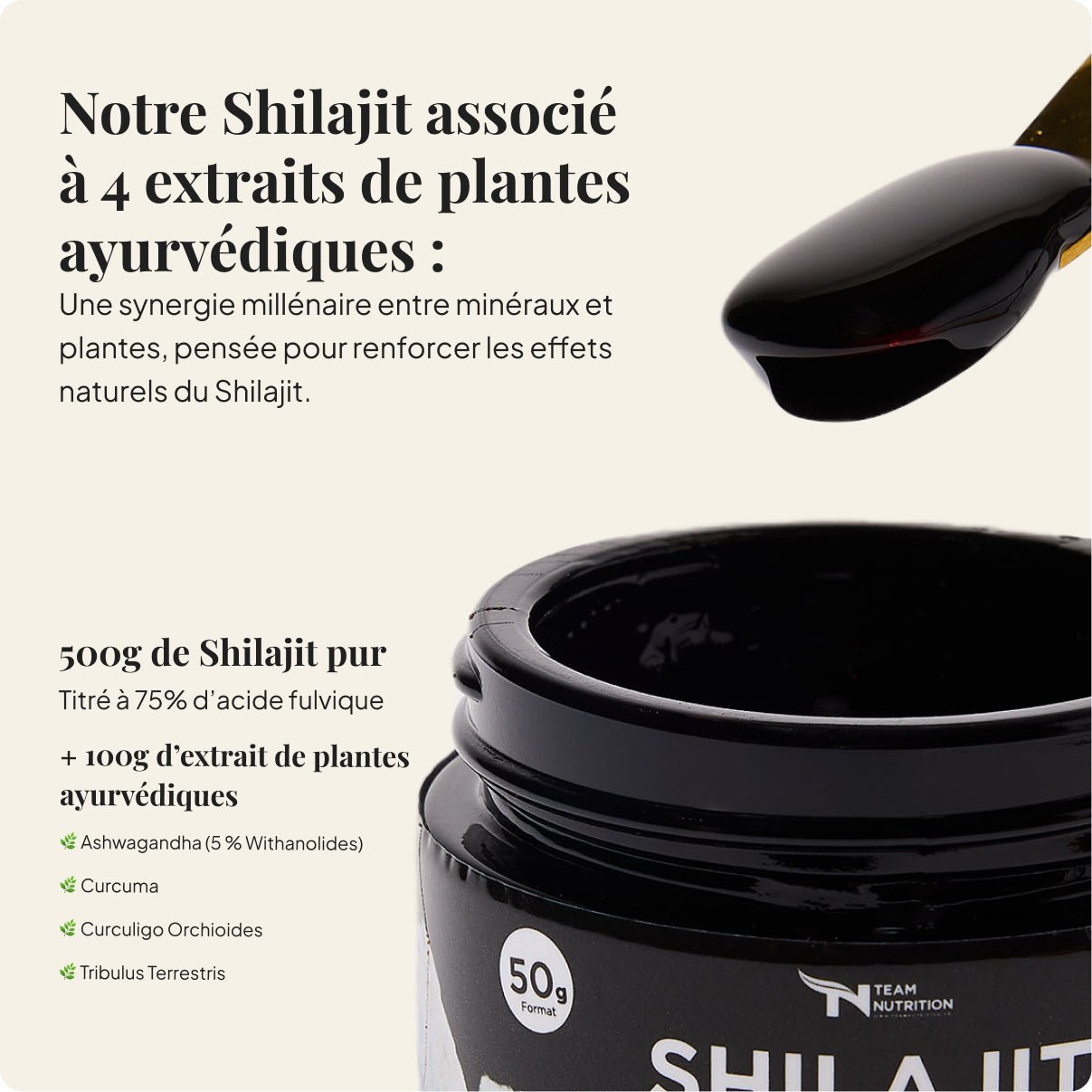 Le shilajit Team nutrition est enrichi avec 4 plantes ayurvediques : Curcuma, Tribulus, Ashwagandha, Curculoïdes.