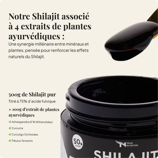 Le shilajit Team nutrition est enrichi avec 4 plantes ayurvediques : Curcuma, Tribulus, Ashwagandha, Curculoïdes.