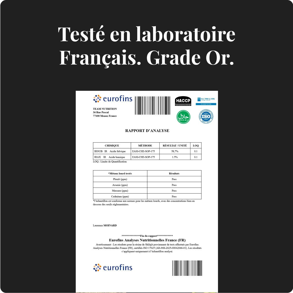 Zoom sur le test en laboratoire Team Nutrition du Shilajit avec 75% d'acide fulvique et aucun métaux lourd