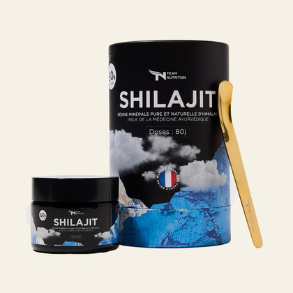 Shilajit en packshot au format coffret avec cuillière offerte. Shilajit en grade or.