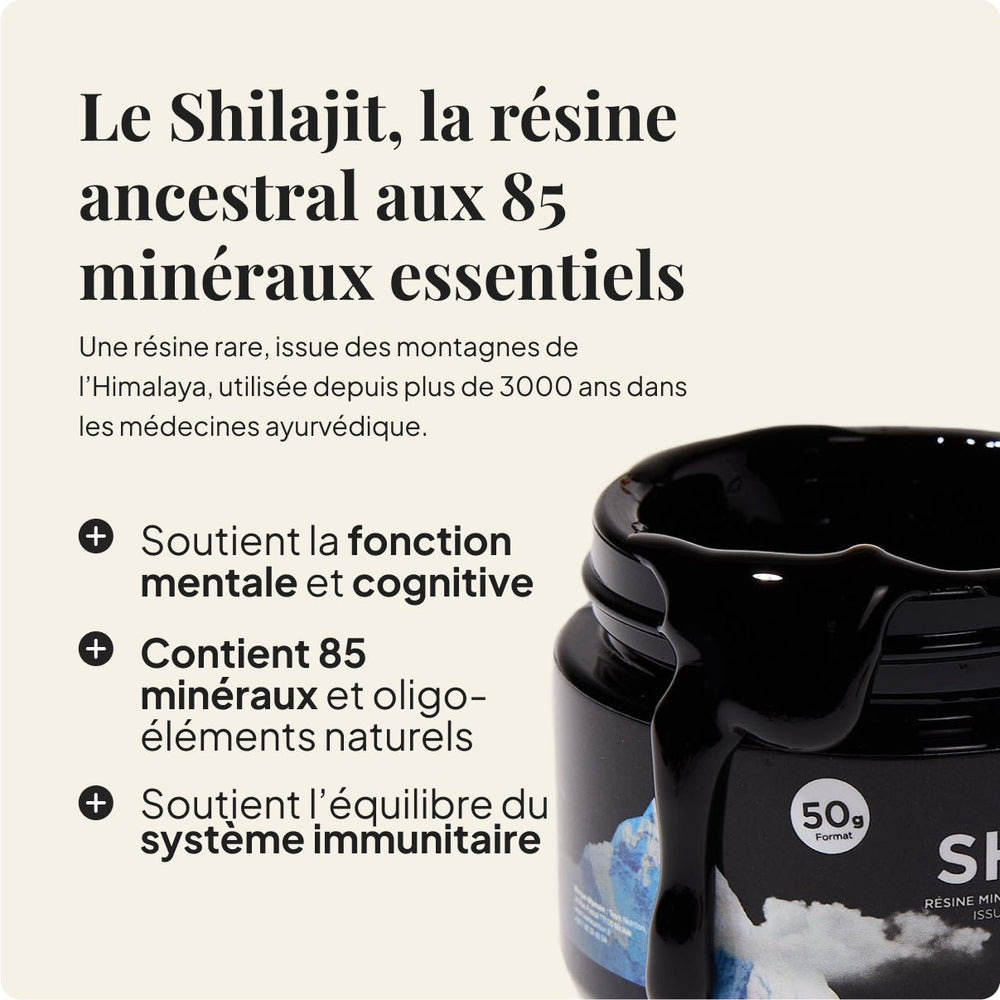 Pot du Shilajit team nutrition avec des arguments : 85 minéraux, soutient la fonction cognitive, mentale et l'immunité.